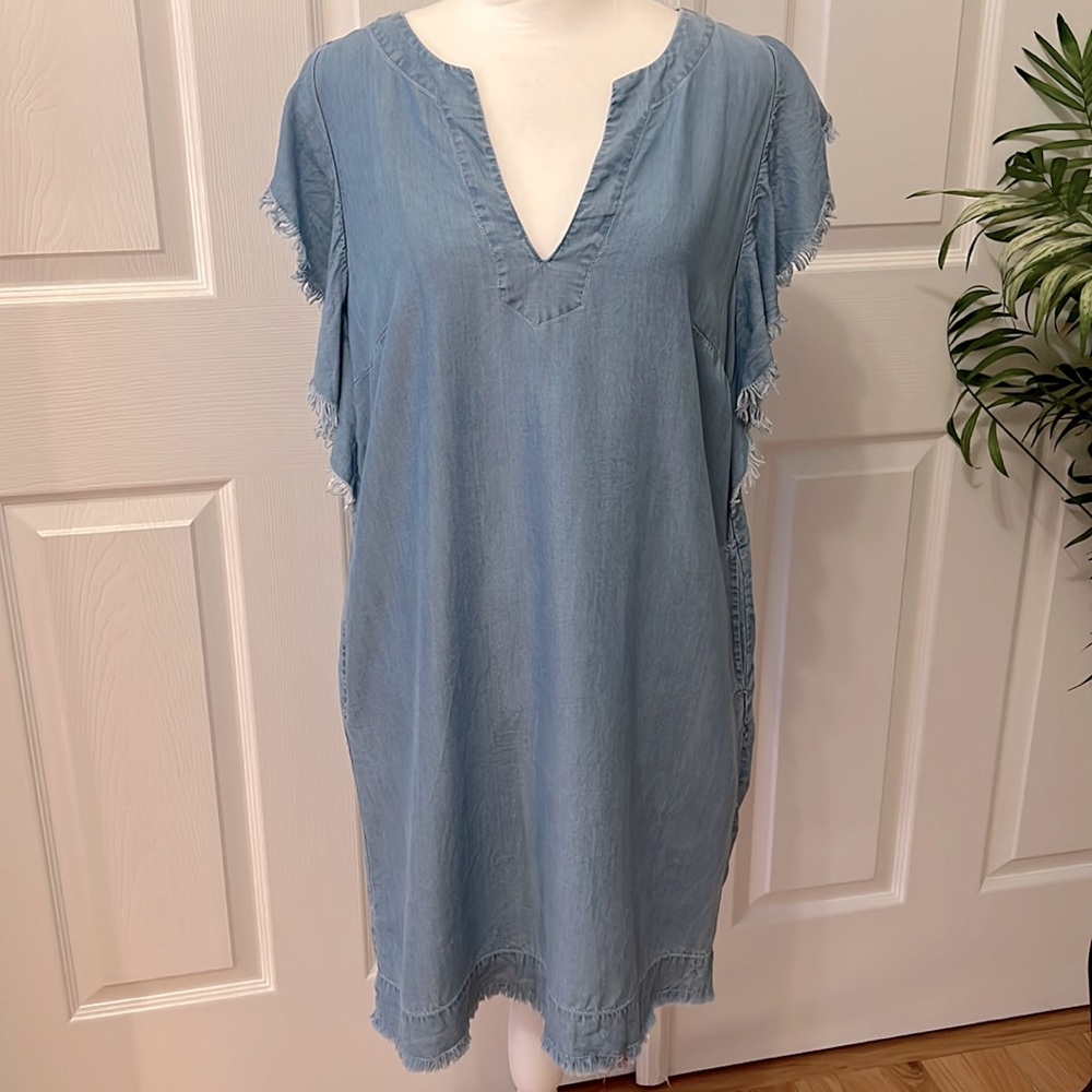 ELAN Womens Blue Denim Ruffle  Shift Dress Size large